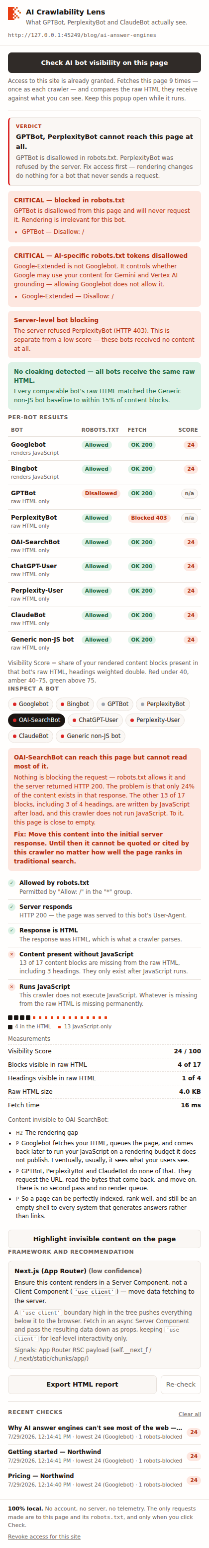 Per-bot results in the extension popup